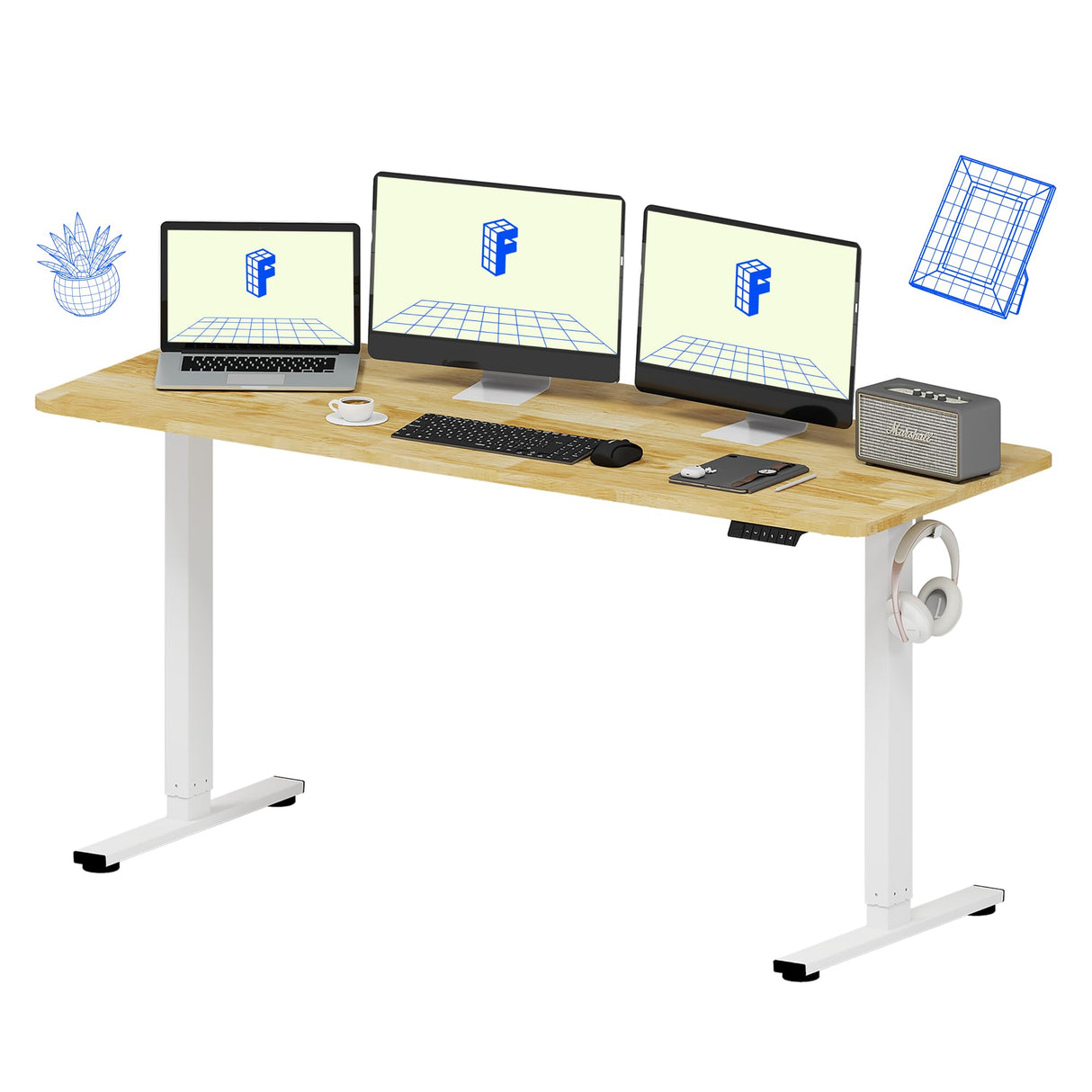 FLEXISPOT EN1 One-Piece Solid Wooden Standing Desk 63 x 24 Inches Height Adjustable Electric Sit Stand Home Office Desks (White Frame + Rubber Wood Top, 2 Packages) FLEXISPOT
