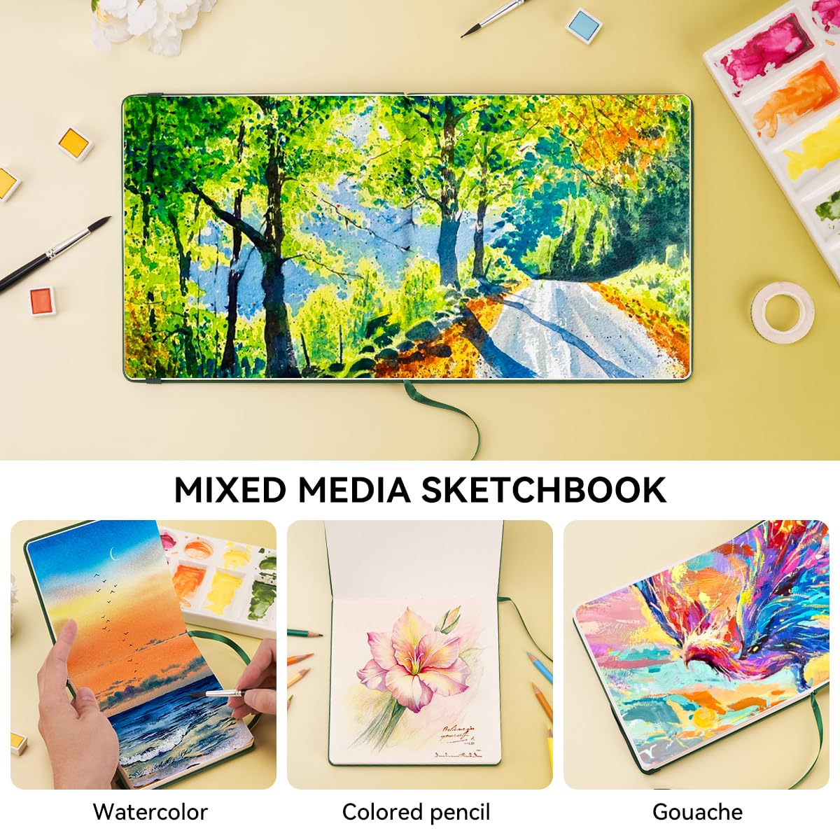 Lightwish Square Watercolor Journal, 100% Cotton Hot Press Small Watercolor Paper Sketchbook 4.72” x 4.72”, 20 Sheets (140lb/300gsm), Acid-Free for Watercolors, Gouache, Acrylics LIGHTWISH