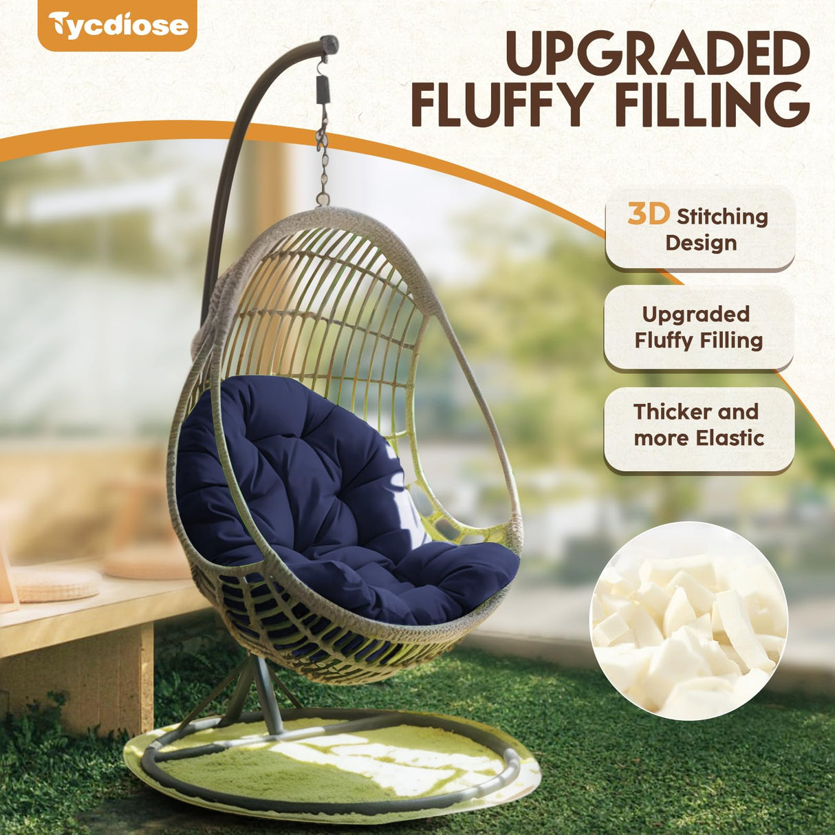 Tycdiose Egg Chair Cushion Replacement, Waterproof Outdoor Hanging Egg Swing Chair Cushions Pads, U-Shaped Thickened Cushions for Hanging Eggs Chair with Ties, 47x33x7 Inches (Blue) Tycdiose
