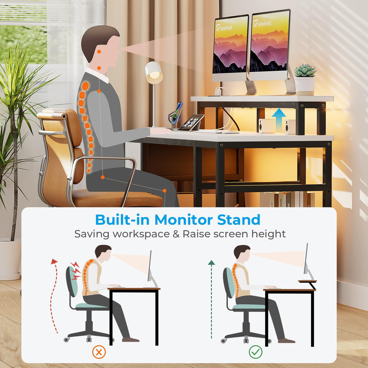 GreenForest Computer Desk 50 Inch with Monitor Stand and LED Lights, Gaming Desk with 2 Fabric Drawers and Power Outlets, Office Desk with Shelves, White GreenForest