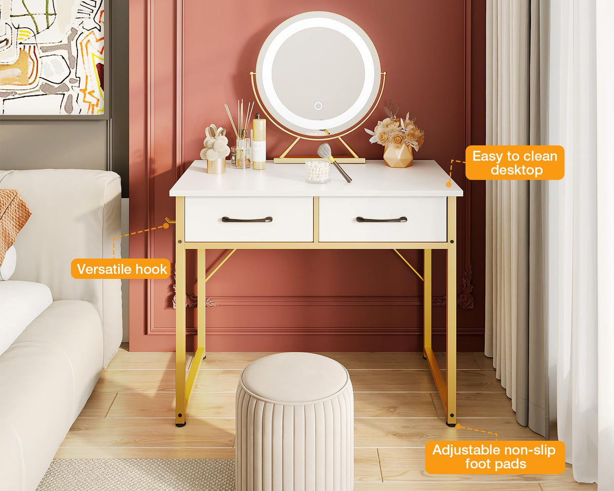 ODK 32 Inch Vanity Desk with Fabric Drawers & Versatile Hook, Makeup Dressing Table with Storage, Home Office Desks for Bedroom, Modern Writing Desk for Small Spaces, White and Gold Leg (No Mirror) ODK