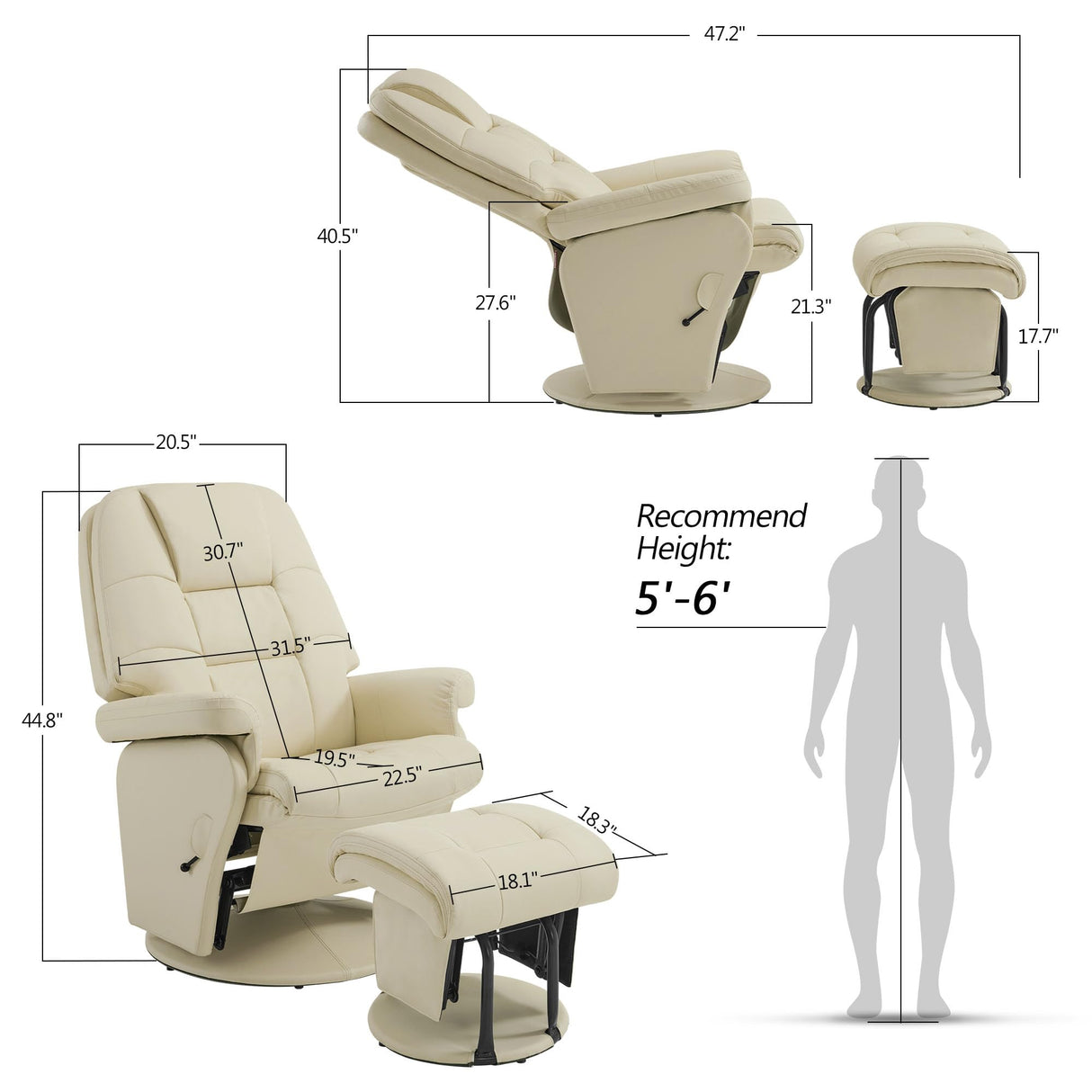 MCombo Swivel Glider Recliner with Ottoman, Reclining Chair with Adjustable Back, Faux Leather Upholstered Lounge Chair for Living Room Bedroom 4800 (Cream White) MCombo