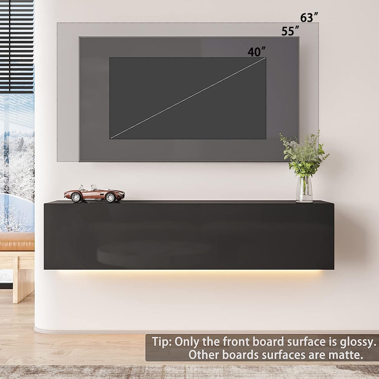 HOMMPA Floating TV Stand with Led Light for 63 Inch TVs Wall Mounted Led Entertainment Center Black with High Gloss Storage Modern Floor Mounted Media Console with Led Light for Living Room HOMMPA