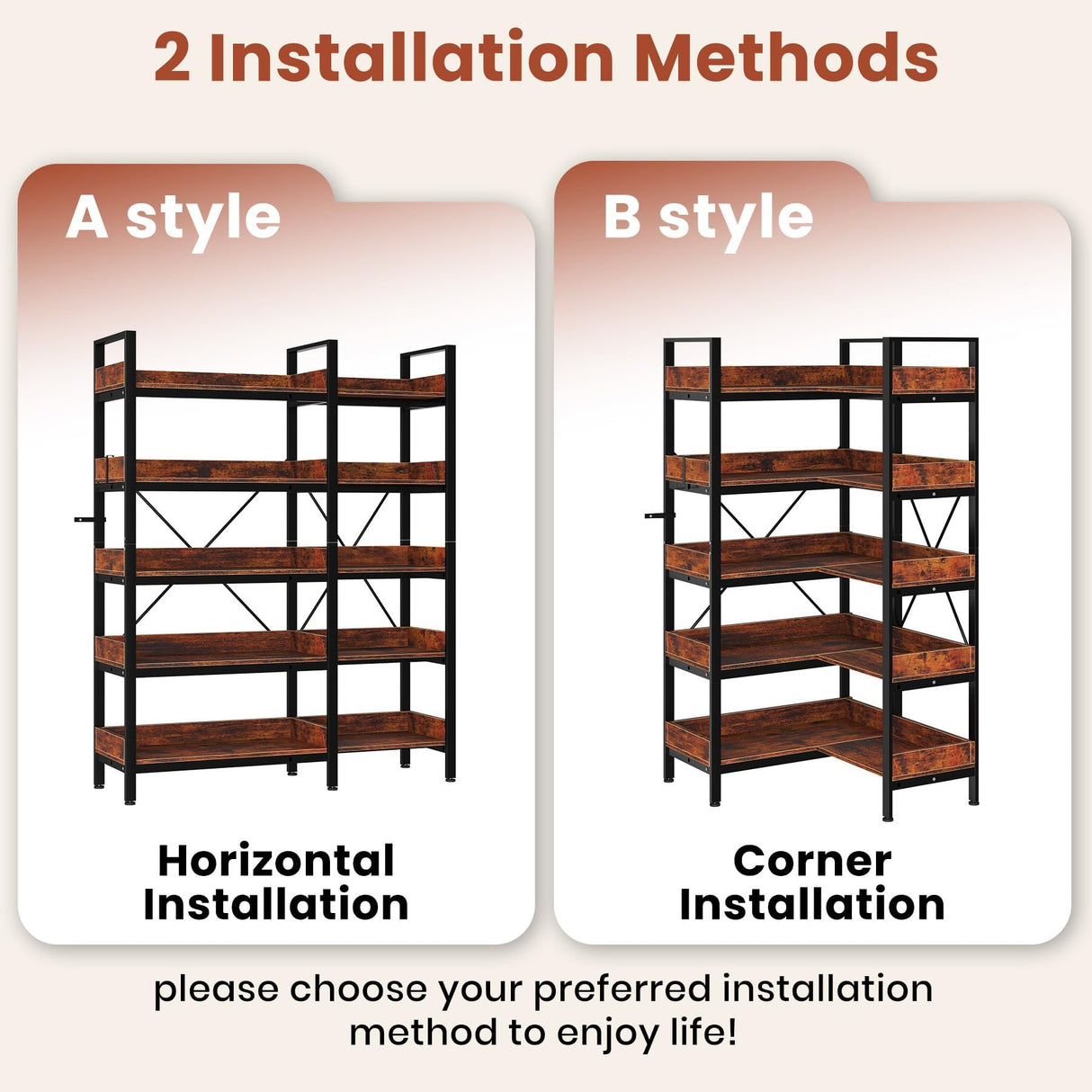 5-Tier Corner Bookshelf, L-Shaped Reversible Bookshelf, 65" Industrial Wooden Bookcase with Open Shelves, Metal Frame Shelf with Adjustable Feet, Corner Storage Rack for Home Office, Rustic Brown GarveeLife