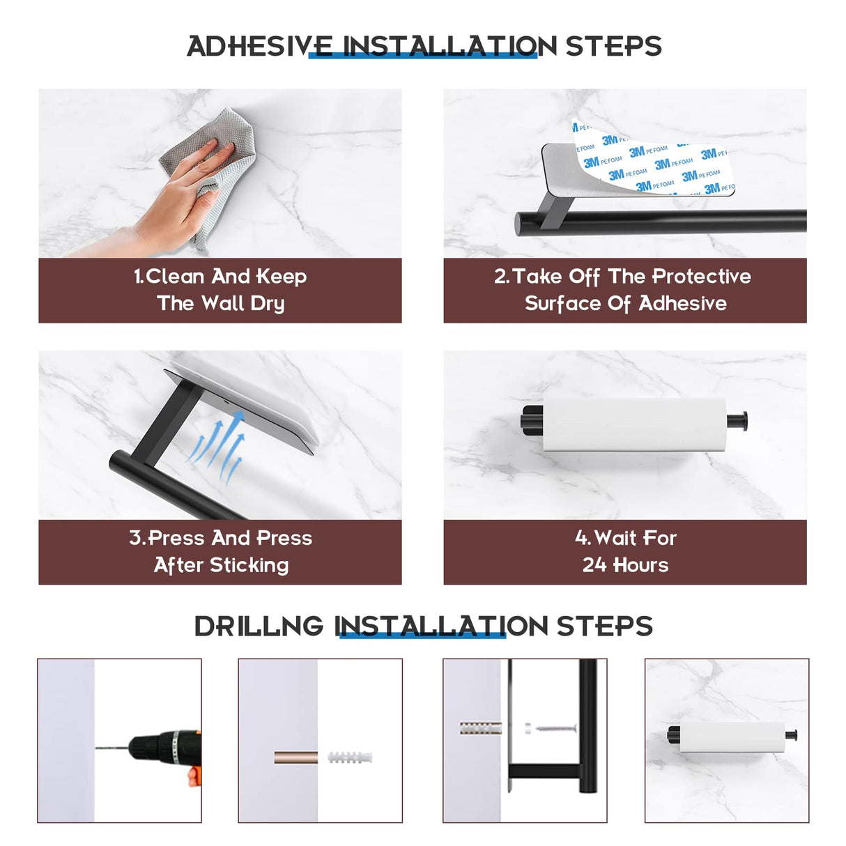 ASTOFLI Paper Towel Holder Under Cabinet, Self Adhesive and Drilling Paper Towel Holder Wall Mount for Kitchen, Black Paper Towel Holder SUS304 Stainless Steel ASTOFLI