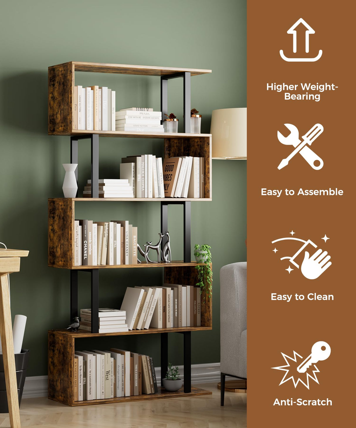 Gadroad 5-Tier Geometric Bookcase,S Shaped Bookshelf, Wood Decorative Storage Shelving, Modern Freestanding Display Shelves, Tall Book Shelf Unit for Living Room Bedroom, Rustic Brown Gadroad