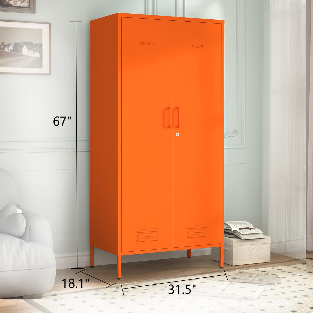 2 Door Wardrobe 67 Inch Orange Metal Storage Cabinet with Hanging Rod, Office Double Door Lockable Metal Adjustable Shelves Wardrobe Bedroom Home Office Storage Cabinet Size: 67"H x 31.5"W x 18.1"D Aiasuit