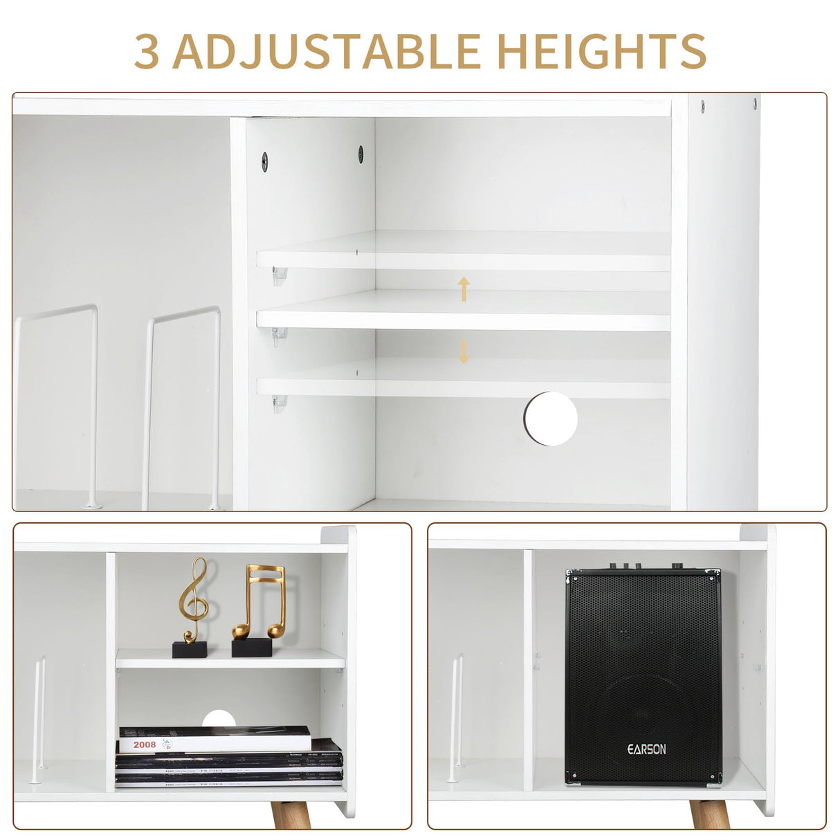 Possile Mid-Century Record Player Stand, Vinyl Record Cabinet Holder with Storage Up to 100 Albums, Record Player Table for Living Room Bedroom Office, Turntable Stand with Wood Legs, White Possile