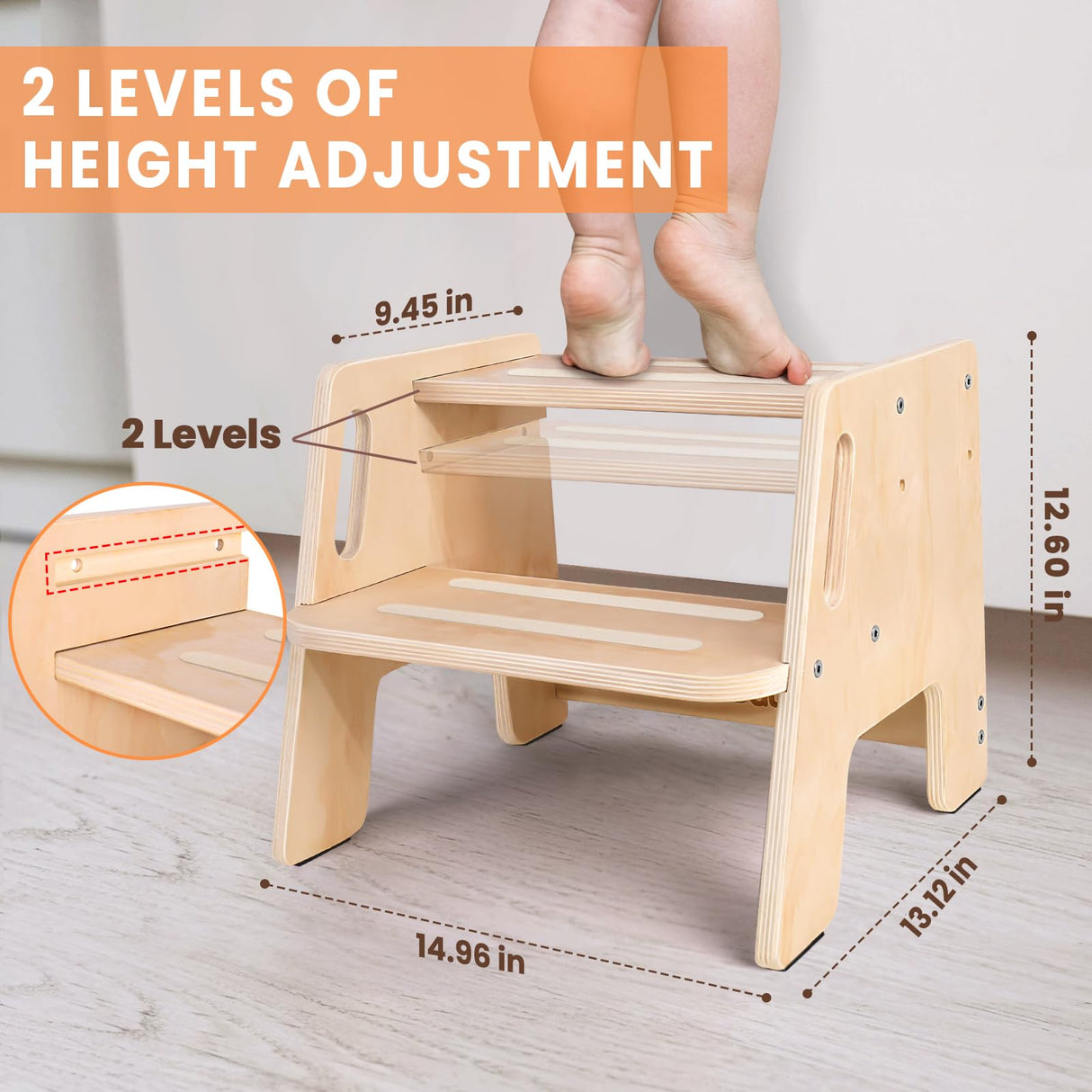 Toddler Step Stool, Wooden Height-Adjustable 2-Step Stool for Kids, Potty Training Stool with Handles for Bathroom Sink, Kitchen, Bedroom Woodure