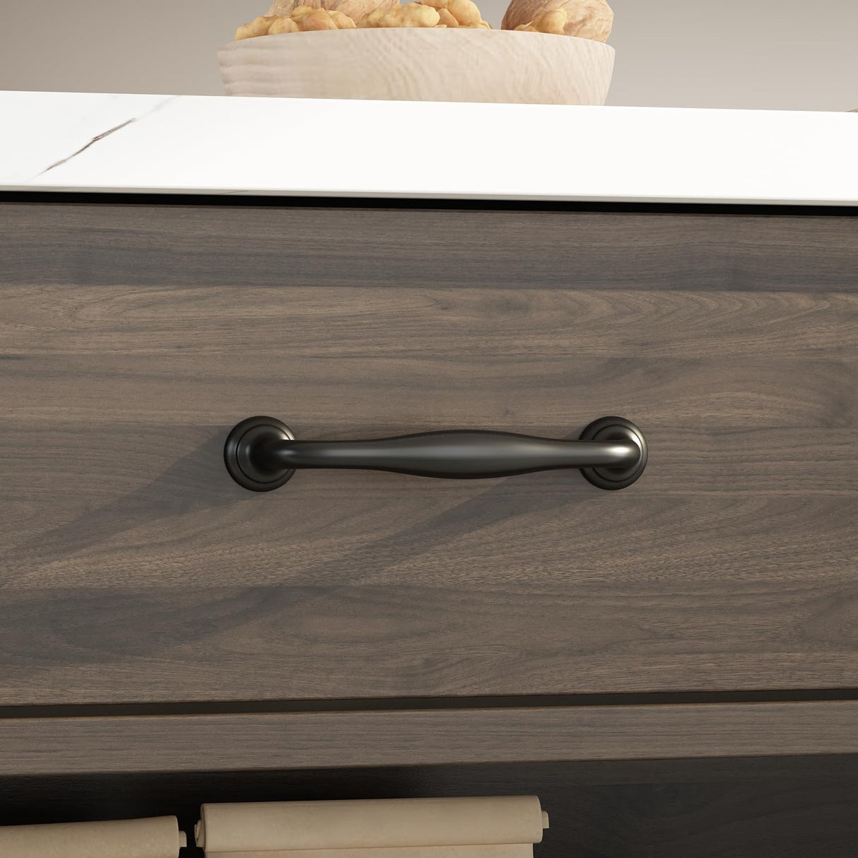 AIEGLE Kitchen Island with Storage Cabinet, Stationary Kitchen Table with 6 Open Shelves & 2 Drawers, Dining Table & Kitchen Prep Table with Marble Grain Tabletop for Dining Room, Dark Brown AIEGLE