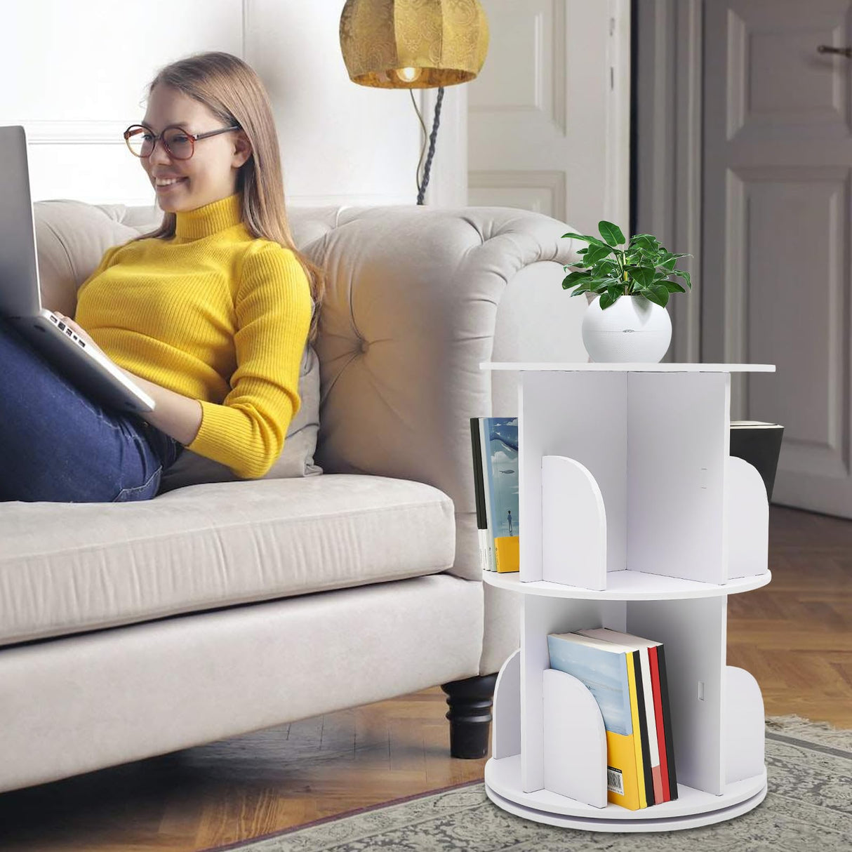 KONGKUNI 2-Tier Rotating Bookshelf Tower - Modern White 360-Degree Spinning Bookcase for Small Spaces KONGKUNI