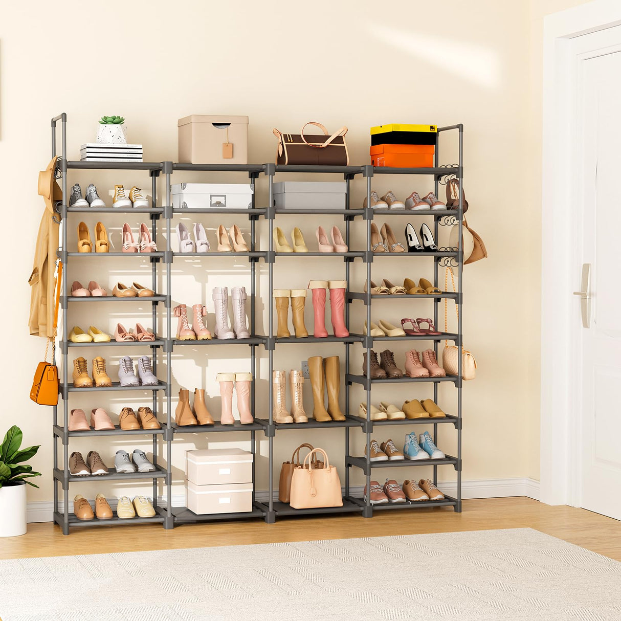 ROJASOP Large Shoe Rack Organizer for Entryway Closet 64-68 Pairs 9-Tier Heavy Duty Tall Garage Shoe Rack Shoe Shelf Shoes Storage with 18 Pcs Removable Side Hooks for Bedroom and Garage Grey ROJASOP