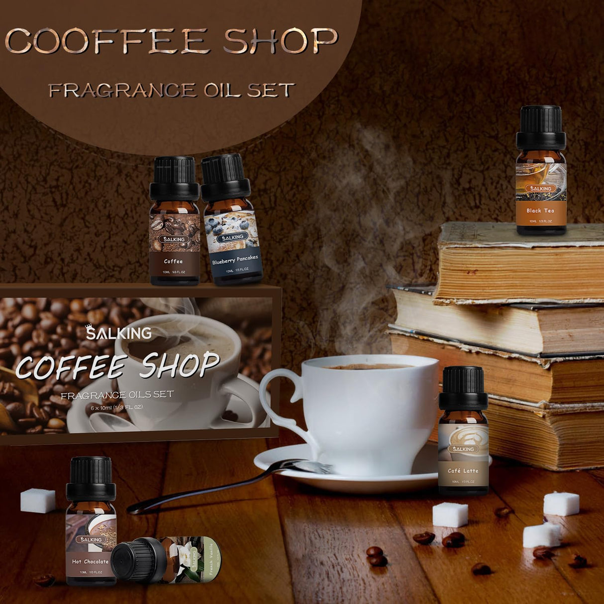 SALKING Coffee Shop Fragrance Oils Set, Premium Essential Oils Set for Diffuser, Scented Oil for Soap & Candle Making - Blueberry Pancakes, Coffee, Café Latte, Hot Chocolate, French Vanilla, Black Tea SALKING