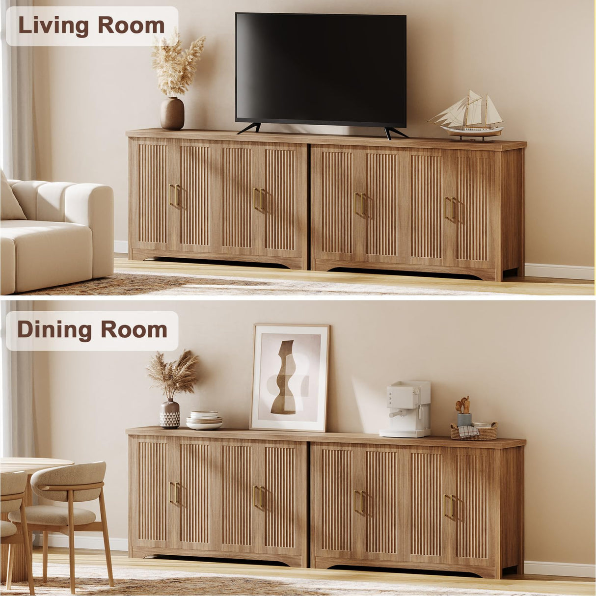 Memobarco Fluted Buffet Cabinet with Storage Accent Sideboard,Modern Credenza with 4 Doors & Adjustable Shelves,Wood Coffee Bar Table Console for Dining Room Kitchen Living Room Entryway,Natural Oak Memobarco