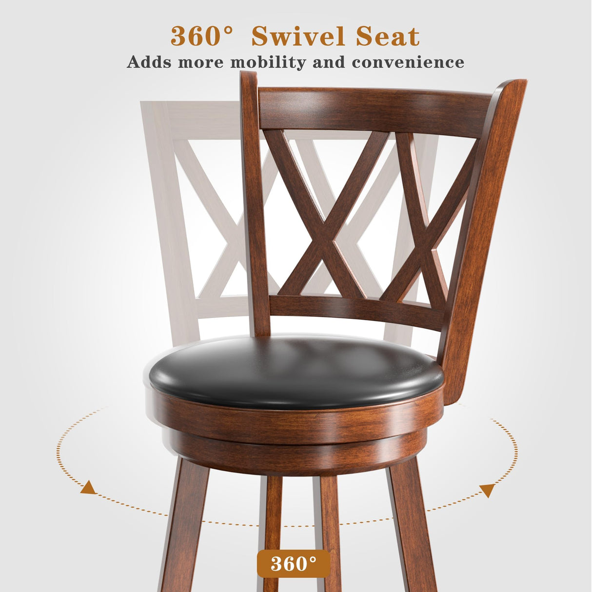 24" Counter Height Swivel Bar Stools - High Back Swivel Counter Stools with Upholstered Seat & Solid Wood Footrest, Counter Bar Chairs for Kitchen Island & Pub (Brown, Set of 2) Betterhood