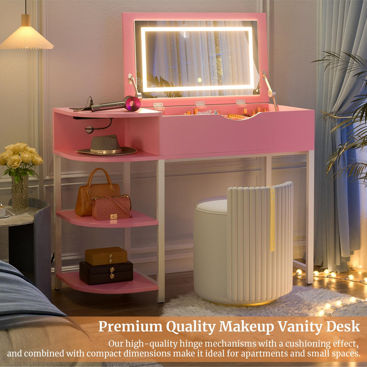 Cyclysio Vanity Desk with Flip Top Mirror and Lights, Makeup Vanity Desk with Drawers, Dressing Table with Storage Shelves & Charging Station, Small Vanity for Small Spaces, Pink Cyclysio