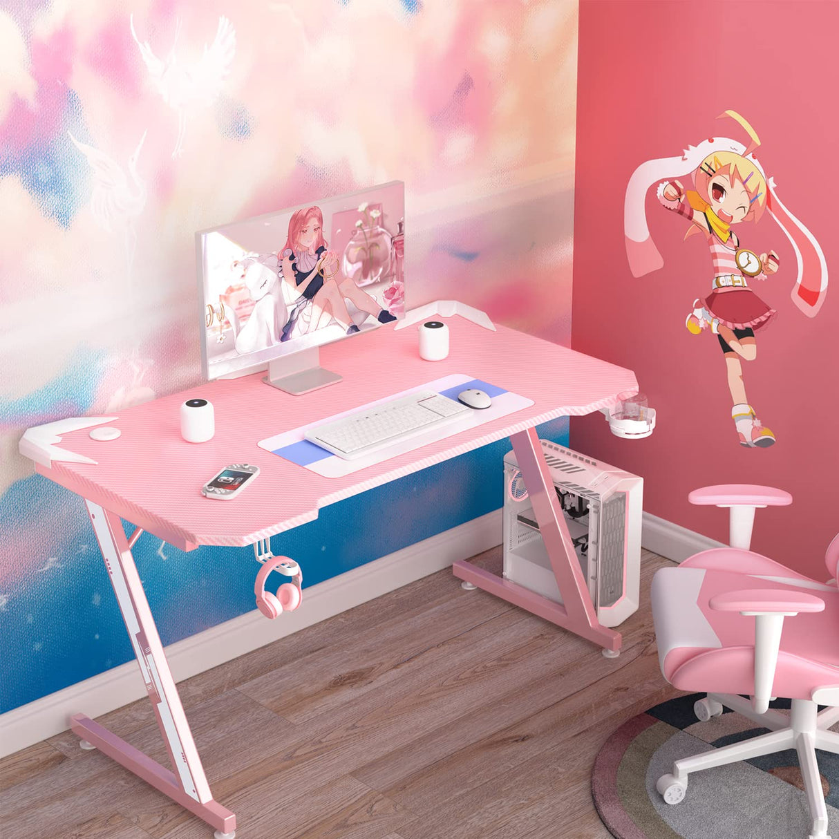 Homall Gaming Computer Desk with Carbon Fiber Surface, Gaming Table Z Shaped Pc Home Office with Cup Holder&Headphone Hook(44 in, Pink) Homall