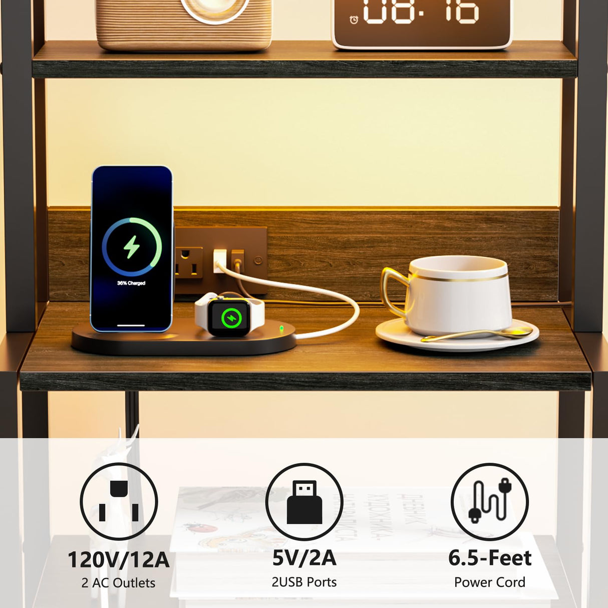 Furnulem Night Stand, Tall Nightstand with 4-Tier Shelves and 3 Fabric Drawers, LED Bed Side Tables with Charging Station, Bedside Table for Bedroom, Hallway, Home Office, Black Oak Furnulem