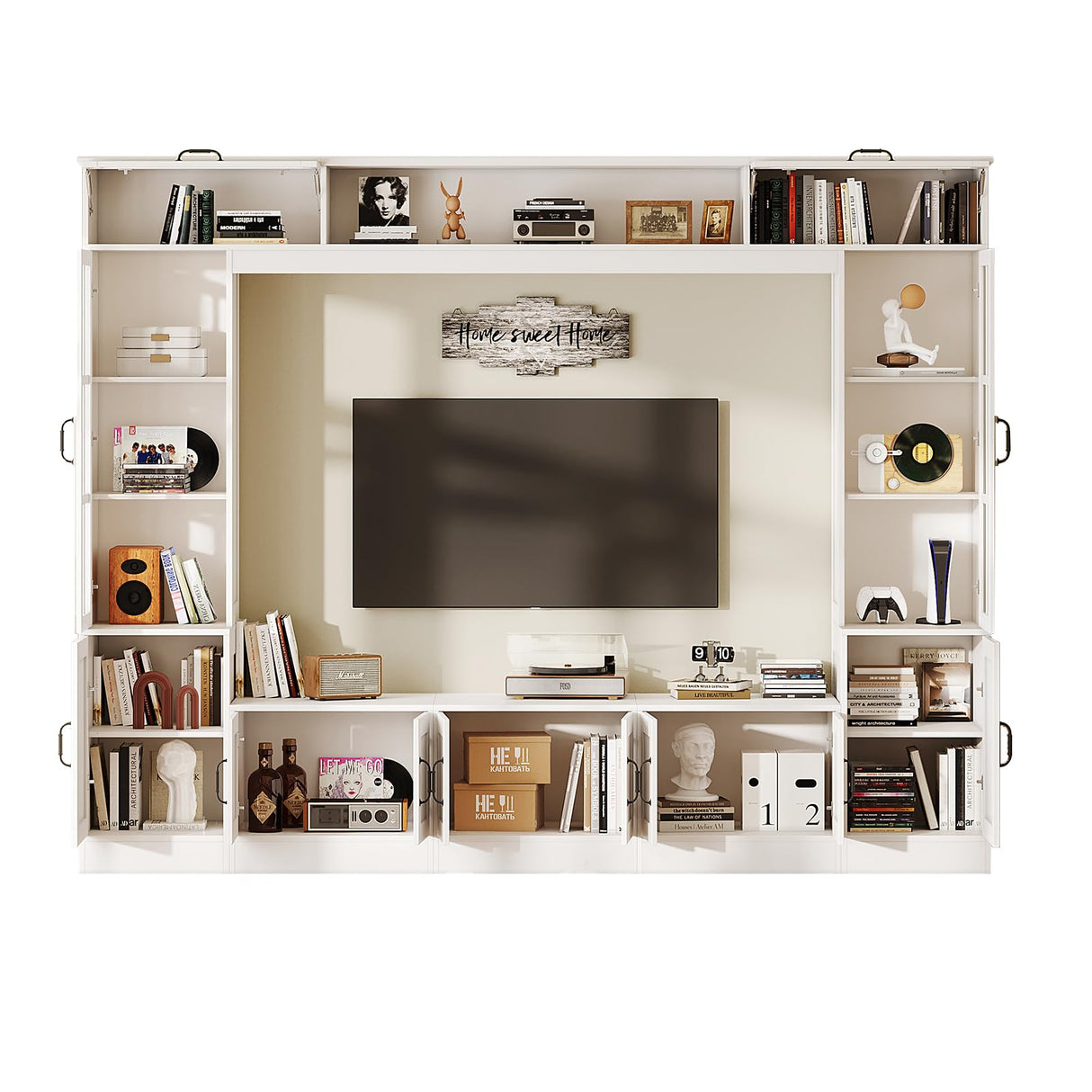 AMERLIFE 98" W Wall Unit TV Stand with Storage for TVs up to 80", Modern TV Console with LED Lights, Entertainment Center with Bookshelves for Living Room, White AMERLIFE