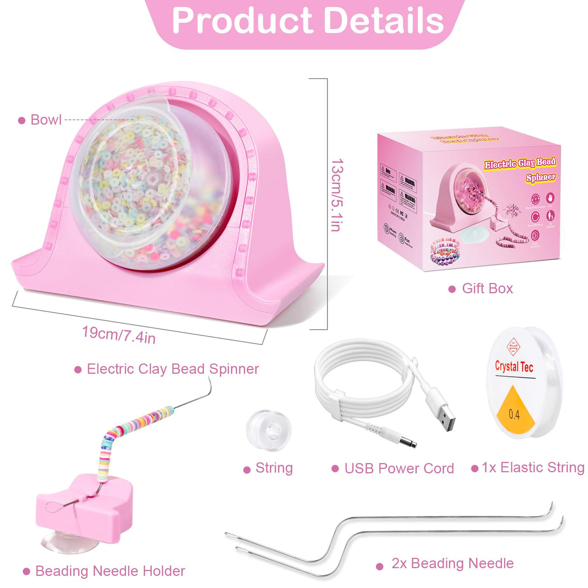 Hicdaw Electric Bead Spinner Kit - Clay Bead Spinner with 2 Needles for Crafting - Bracelet & Necklace Maker, Pink Hicdaw