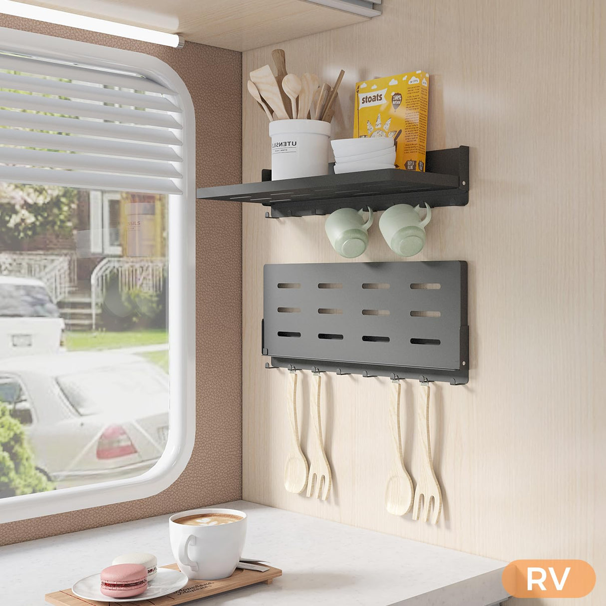 SKIKEN Folding Metal Shelf with Hooks, Wall Mounted Laundry Room Shelf, 8 Hooks & 90° Fold Up, Fold-Down for Rv, Bathroom, Kitchen, Garage, Space Saving, Small Space, Black(17.0", 1 Pack) SKIKEN