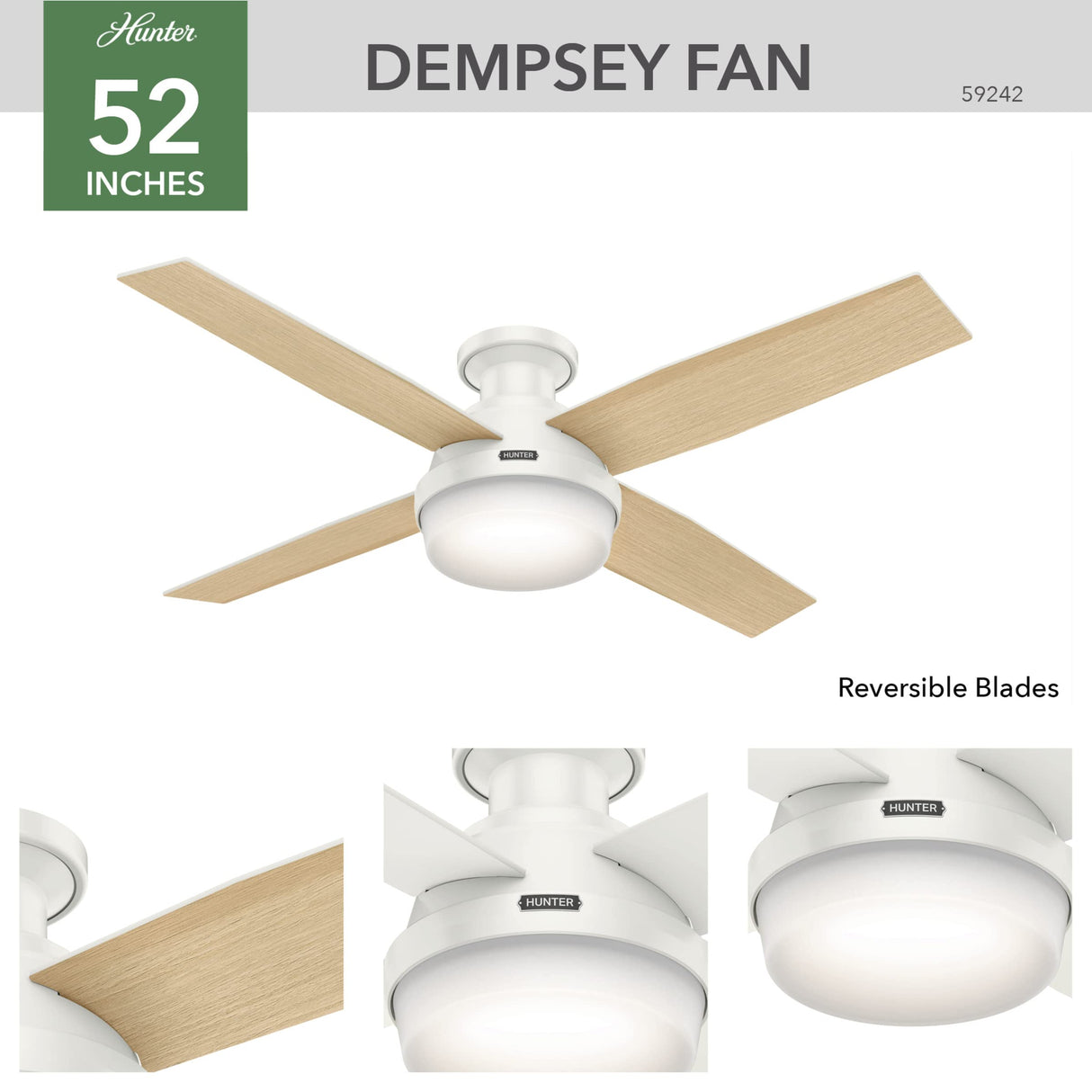 Hunter Fan Company 59242 Hunter 52" Dempsey Indoor Low Profile Ceiling Fan with Light, Fresh White Finish Hunter