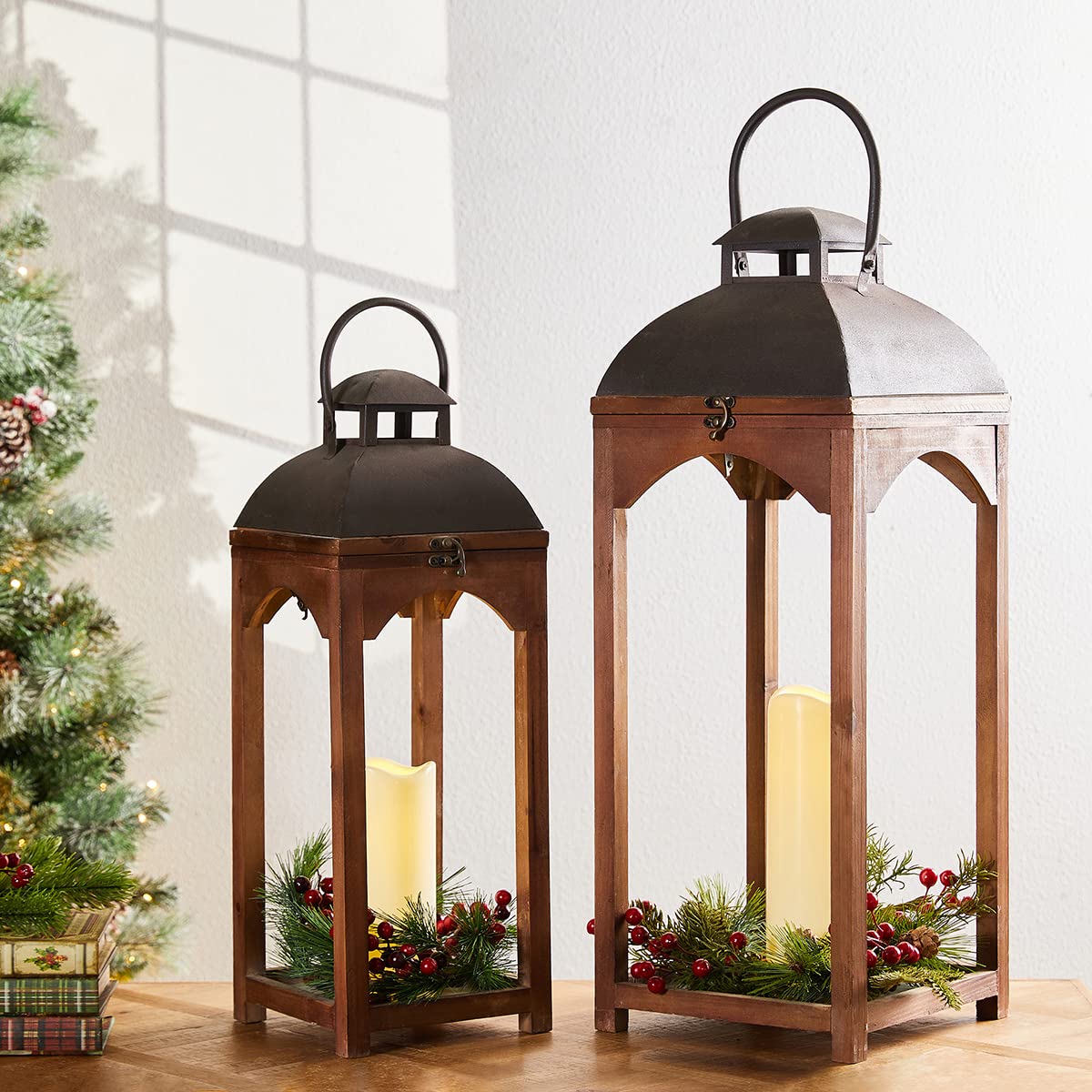 Glitzhome Set of 2 Mondern Farmhouse Wooden Lantern Hanging Decorative Candle Lanterns for Outdoor & Indoor Brown (No Glass) Glitzhome