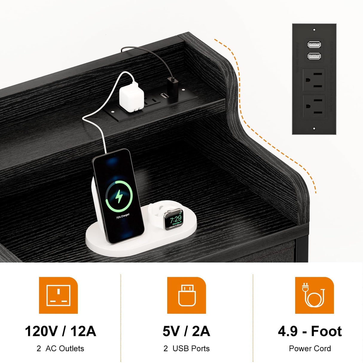 REAHOME Dresser for Bedroom with Charging Station and LED Lights, 5 Drawers Dresser Black Chest of Drawers with Shelves, Tall Night Stand with Sturdy Steel Frame & Wood Top for Bedroom - Black Grey REAHOME