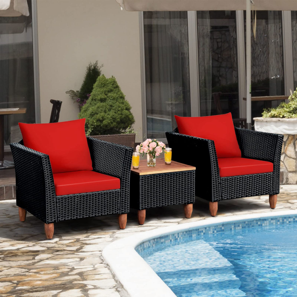 COSTWAY 3PCS Outdoor Patio Rattan Furniture Set Wooden Table Top Cushioned Sofa Red COSTWAY