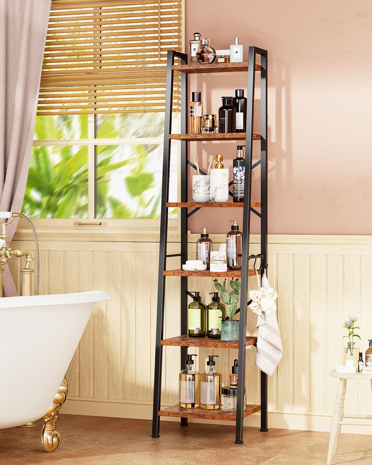 Furologee 6 Tier Ladder Shelf,Tall Bookshelf with 2 Hooks,Industrial Bookcase Standing Shelf Unts,Corner Storage Organizer for Living Room,Bedroom,Home Office,Bathroom,Rustic Brown Furologee