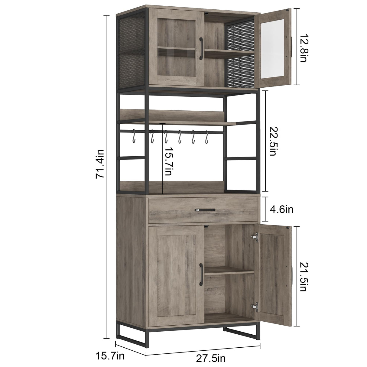 BOTLOG Hutch Cabinet with Storage, 71" H Kitchen Pantry Storage Cabinet with Microwave Stand, Hooks, Drawers for Home Bar, Kitchen, Dining Room, Industrial BOTLOG