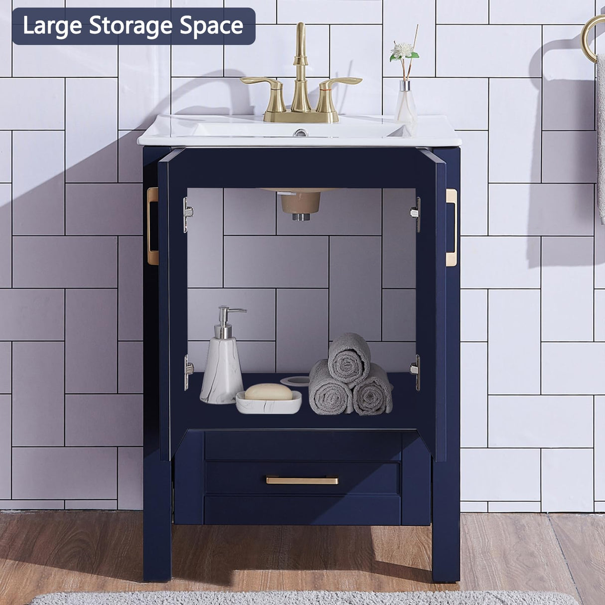 Wenore Home 24 Inch Bathroom Vanity with Sink, Blue Bathroom Vanity Sink Set, Modern Bathroom Sink Cabinet Combo, Small Bath Vanity with White Three Hole Ceramic Sink Wenore Home