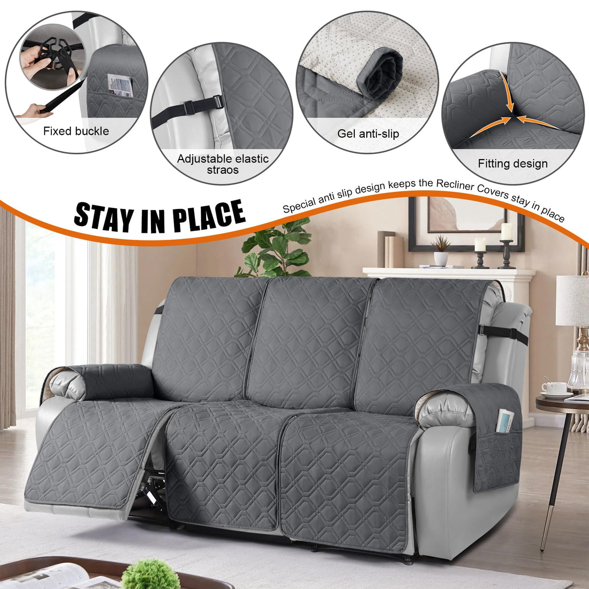 VANSOFY Waterproof Recliner Couch Covers, Sofa Covers 1-Piece Washable Reclining Sofa Cover Non-Slip Furniture Protector with Elastic Straps Pocket for Dogs, Pets(Dark Gray,3 Seater) VANSOFY