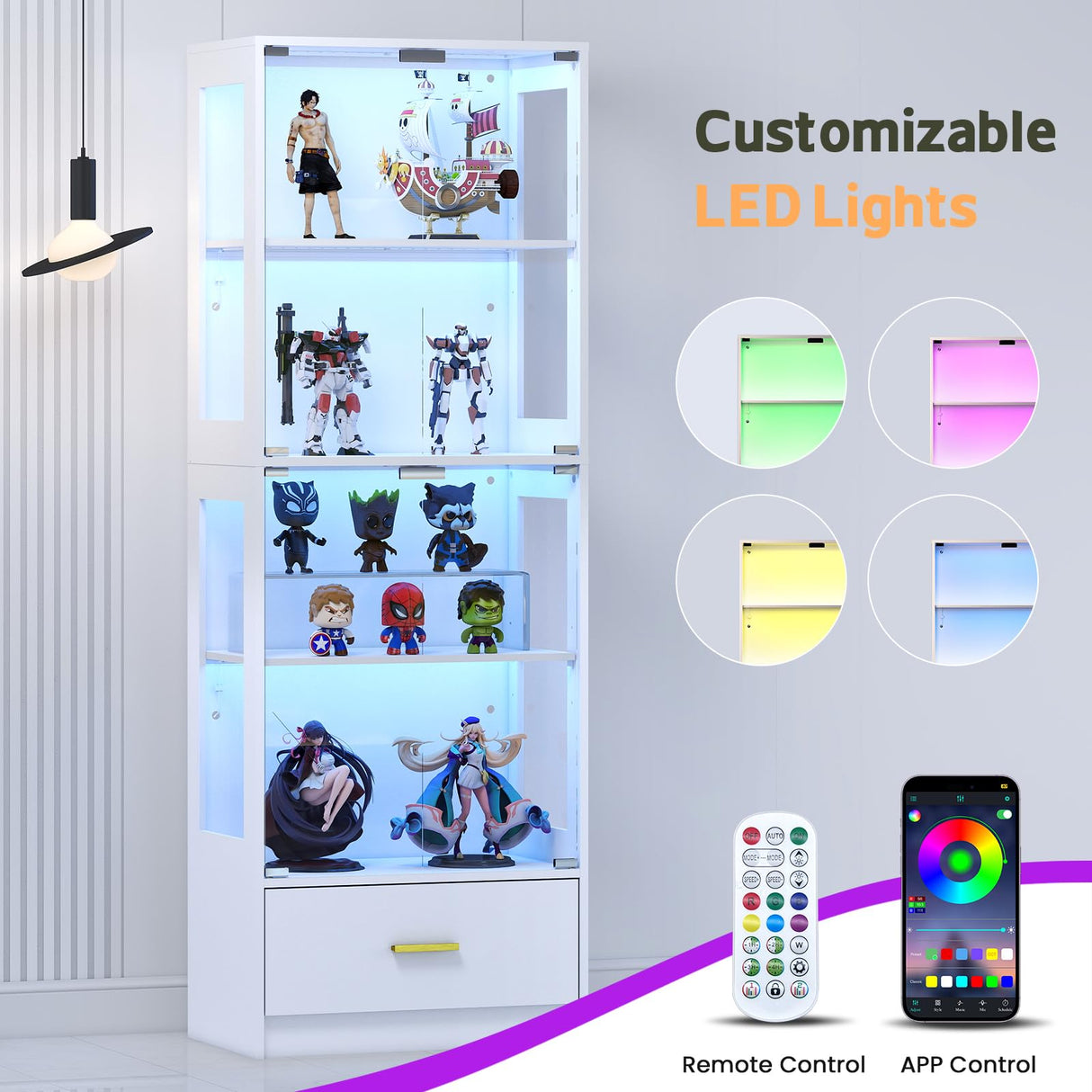 Lamtor Display Cabinet with Glass Doors - 67" Curio Cabinet with RGB LED Lights and Drawer for Collectibles, 4 Tier Glass Display Case for Living Room, Office, White (Narrow) Lamtor