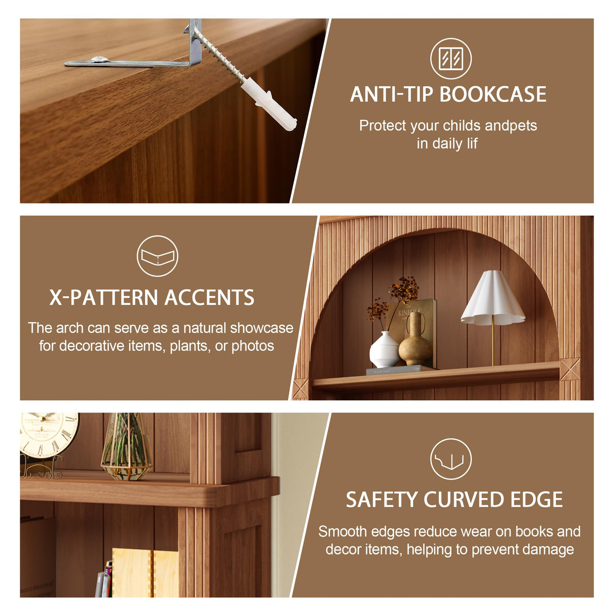 FurSch 71” Tall Arched Bookshelf,Wooden 5 Tier Fluted Book Shelves with Adjustable Shelf,Arched Bookcase Bookshelf for Living Room Home Office FurSch