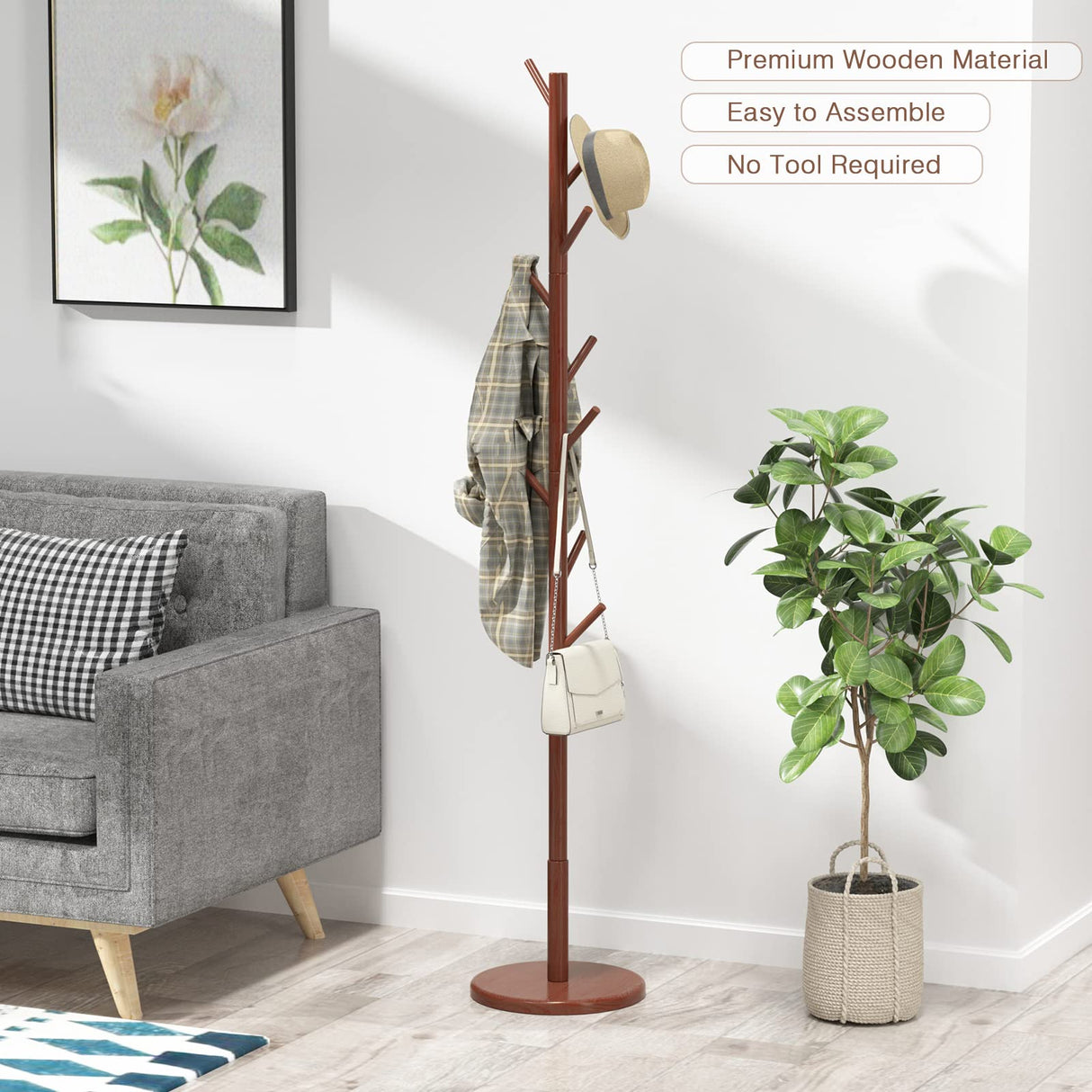 Wooden Coat Rack Freestanding Coat Tree with 4 Height Options and 9 Hooks, Sturdy Coat Rack Stand for Clothes/Bags/Hats, Easy Assemble Save Space for Entryway,Bedroom,Office,Narrow Place (Brown) Bamdibola