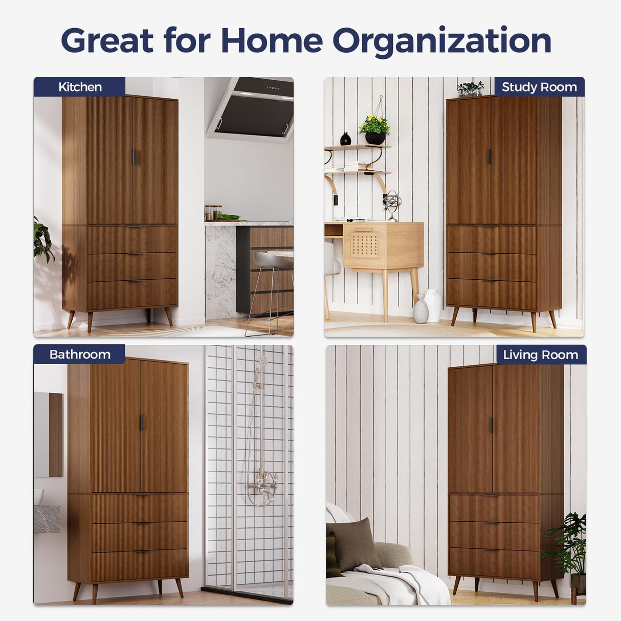 FONTOI Storage Cabinet, Kitchen Pantry Storage Cabinet with 3 Drawers 2 Doors, Wood Cupboard with Adjustable Shelves & Fluted Panel Design, Tall Home Storage for Living Room, Kitchen, Walnut FONTOI