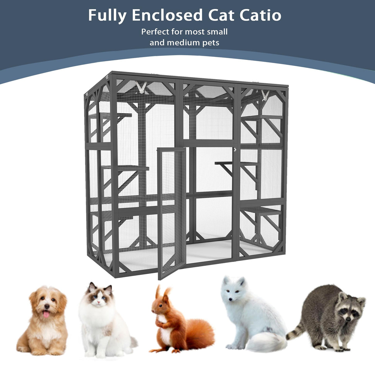 YOPTO 59" Wooden Catio Enclosure Outdoor Cat House with Anti-UV& Waterproof, Platforms and Resting Boxes Walk-in Cat Kennel Shelter for Indoor,Dark Grey Ball & Cast