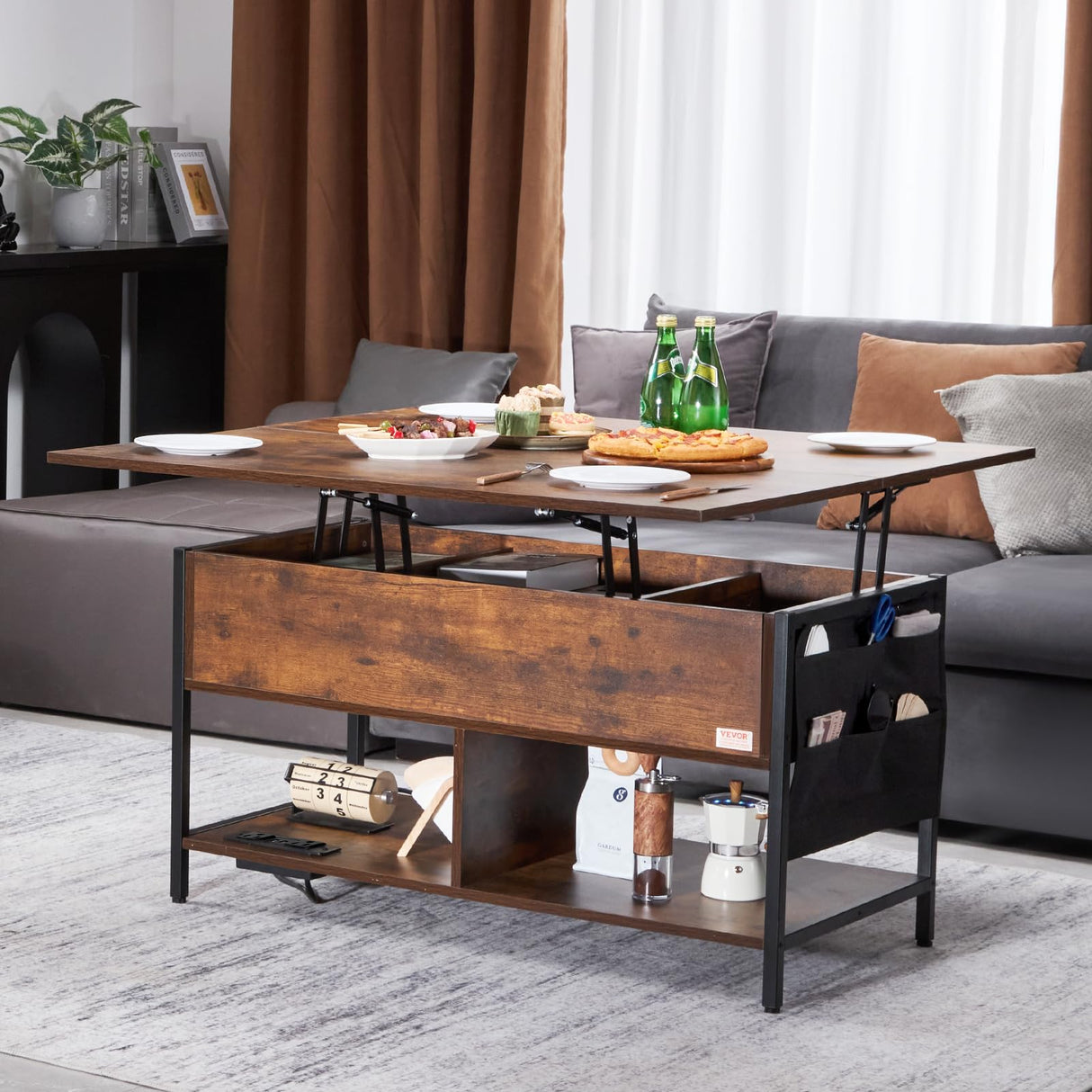 VEVOR 4-in-1 Lift Top Coffee Table with USB/Power Outlet/LED Light, Multi-Function Convertible Coffee Table with Storage and Hidden Compartment, Converts to Dining Table for Living Room, Home Office VEVOR