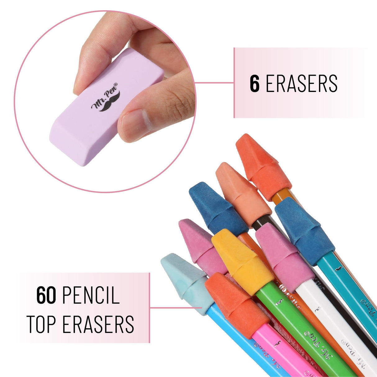 Mr. Pen- Pencil Erasers Set, 66 Pack, 6 pc Hand-Held(Pastel Colors) & 60 pc Pencil Top Erasers(Twilight Colors), Latex-Free, No Smudge & No Paper Tear Mr. Pen