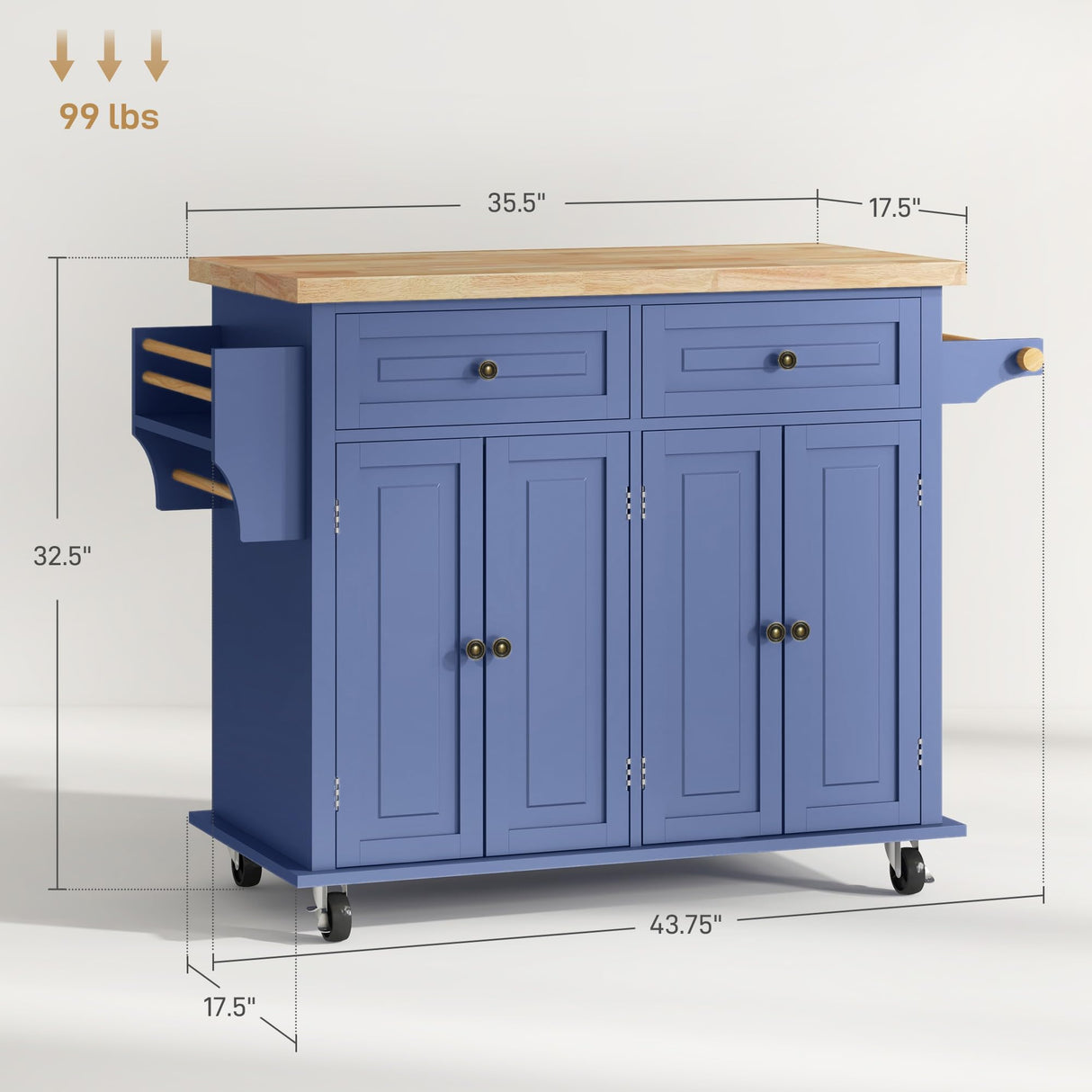 HOMCOM Kitchen Island on Wheels, Rolling Cart with Rubberwood Top, Spice Rack, Towel Rack and Drawers for Dining Room, Navy Blue HOMCOM
