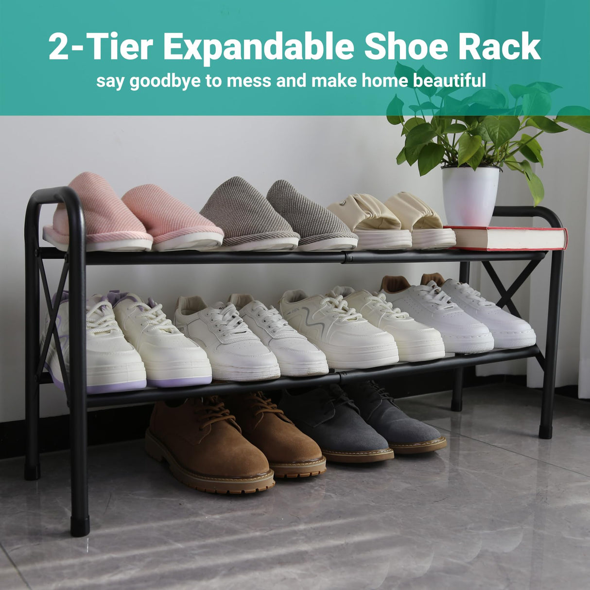 YEASHEIN 2-Tier Expandable Shoe Rack for Closet, Adjustable Shoe Organizer Metal Shoe Shelf for Entryway, Garage & Corridor, Free Standing Shoe Holders, Easy to Assemble YEASHEIN