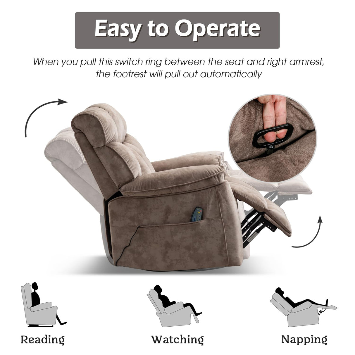 INZOY Oversized Rocker Recliner with Heat and Vibration, Manual Swivel Rocking Recliner Chair with Vibrating Massage, Comfy Padded Overstuffed Soft Fabric Heated Recliner,Camel INZOY