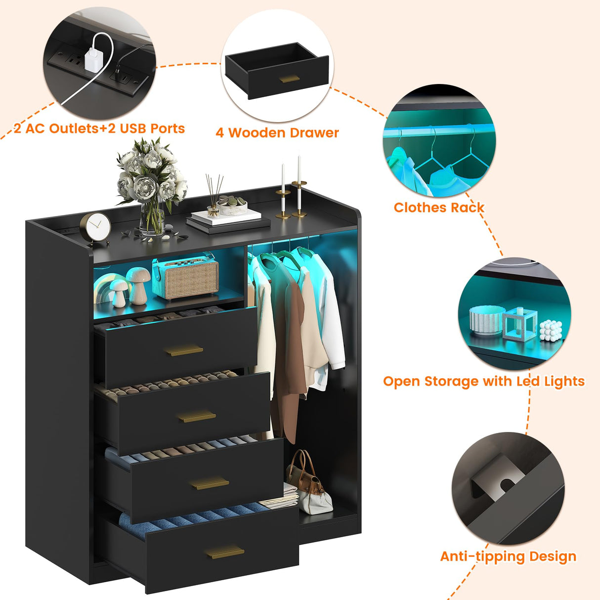 Bigbiglife Dresser with Clothes Rack for Bedroom Wood, 4 Drawer Dresser White with LED Lights and Power Outlet, 15.7" D x 43.3" W x 45.7" H, Tall Storage Chest of Drawers with Flexible Shelf,Black Bigbiglife