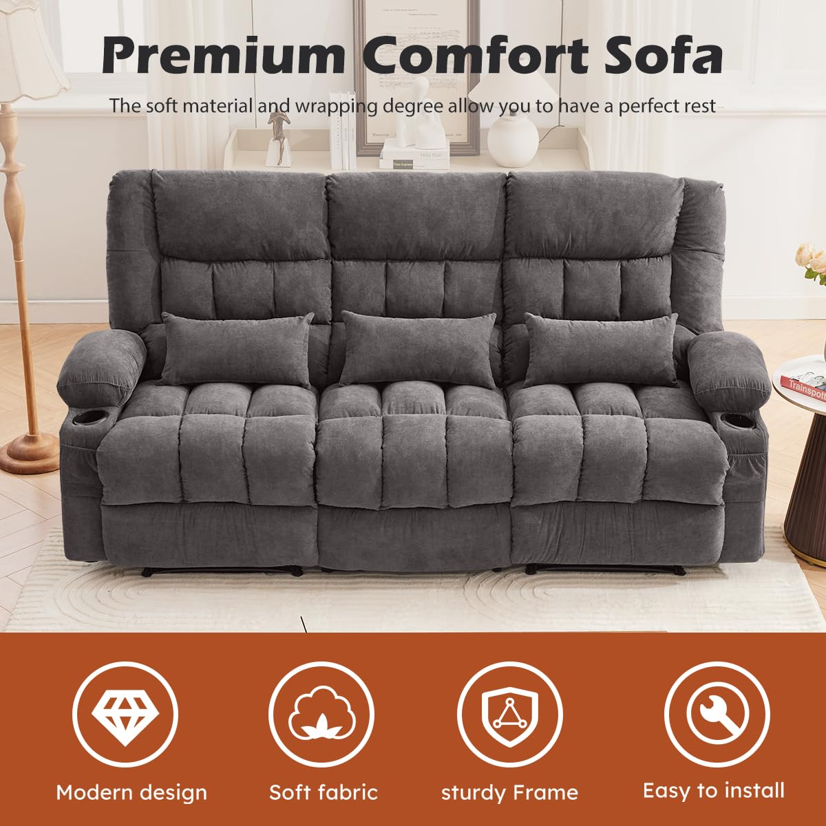 Recliner Sofa with Cup Holders for Living Room 3 Seat Manual Oversized Recliner Chiar with Ergonomic, Side Pocket for Adult MAHOMICO