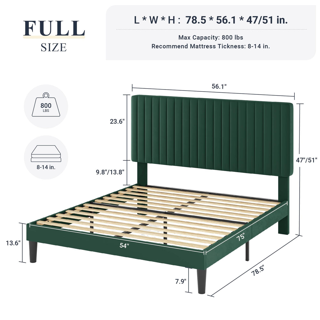 Allewie Full Bed Frame, Velvet Upholstered Platform Bed with Adjustable Vertical Channel Tufted Headboard, Mattress Foundation with Strong Wooden Slats, Box Spring Optional, Easy Assembly, Green Allewie