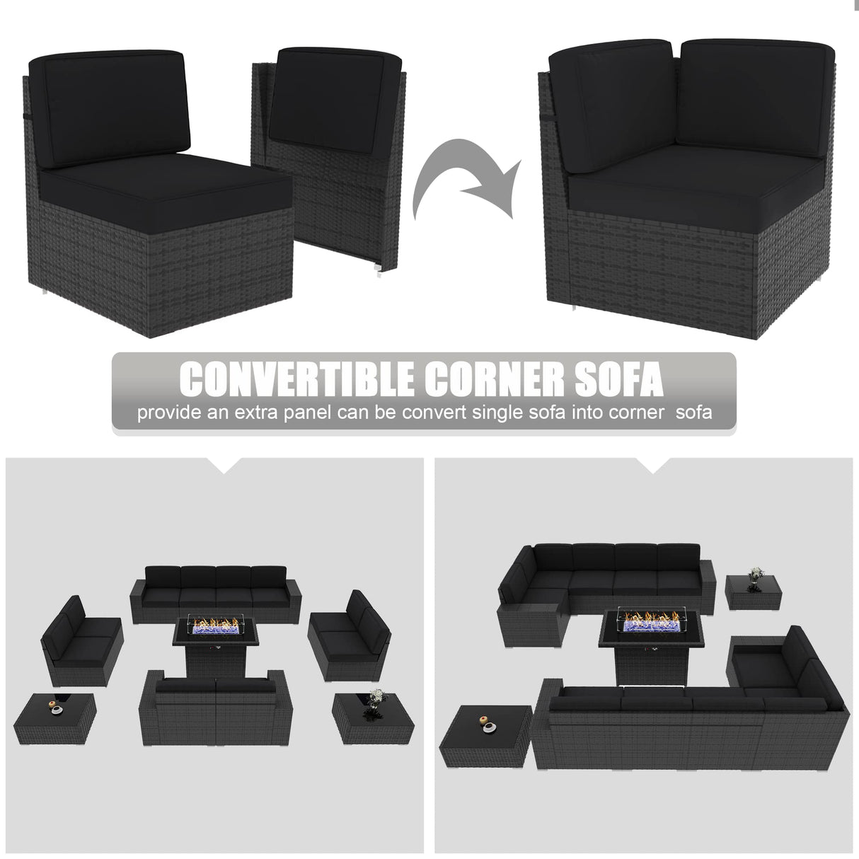 LayinSun 13 Pieces Outdoor Patio Furniture Set with 44" Fire Pit Table Rattan Sectional Sofa Conversation Sets LayinSun