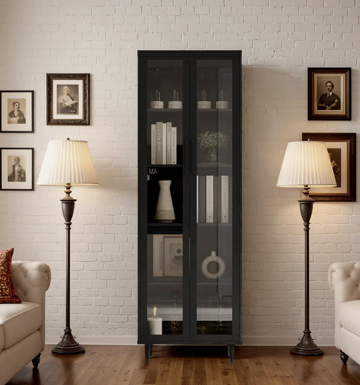 TUSY 70.9“ H Display Cabinet with Glass Doors, 5-Tier Curio Cabinet, Narrow Display Bookcase for Home, Office, Clinic, Pantry (Black) TUSY