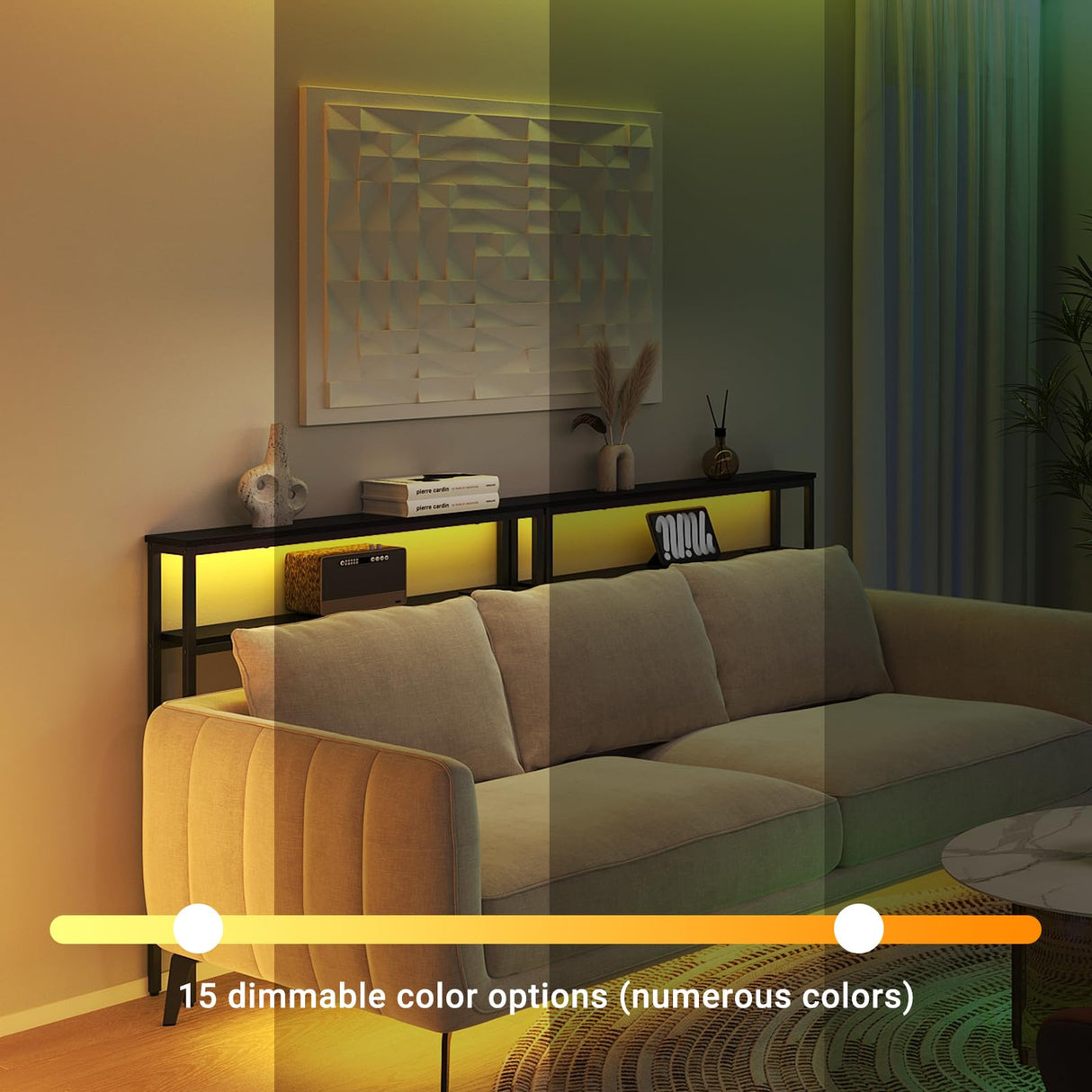 ELYKEN 2 Pack 5.9" Narrow 2-Tier Console Sofa Table with LED Strip Light, 5.9" Dx39.4”Wx39.4”H Long Behind Couch Table with Charge Station, Skinny Table with 6.5’ Extension Cord, Black ELYKEN