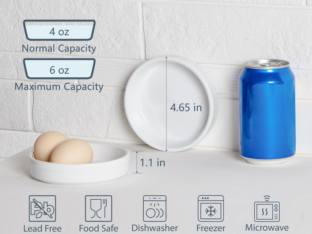 ONEMORE Ramekins 4 oz, Creme Brulee Ramekins Oven Safe Ceramic Shallow Souffle Dishes for Baking Custard, Mini Pies, Puddings and Dipping Sauces 4.5 inch White Mini Round Quiche Pans Set of 6 ONEMORE